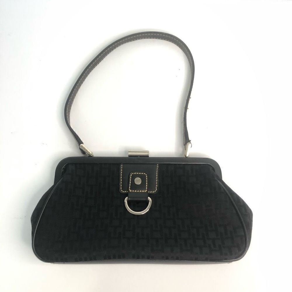 Tommy‎ Hilfiger Black Monogram Jacquard Frame Shoulder Bag Kiss Lock Vintage y2k